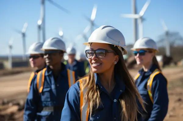 Group of engineers at a wind farm wearing helmets and safety vests, symbolizing energy sector careers