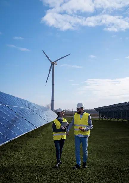Engineers at a solar energy site with wind turbine, symbolizing careers in the energy sector